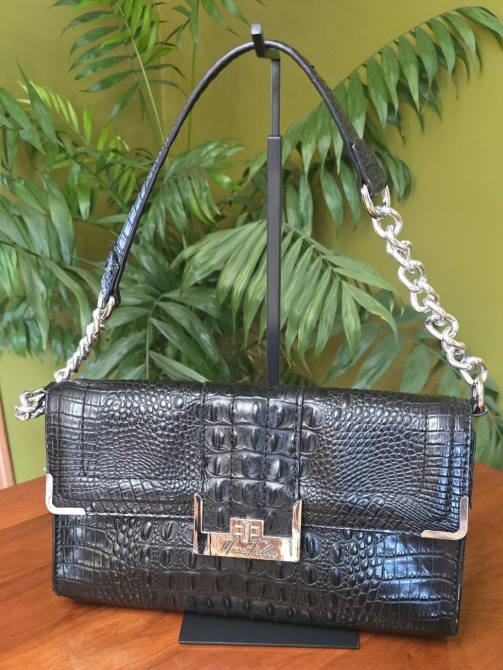Marc Fisher Black Croc-Embossed Shoulder Bag Clutch Silver Toned Hardware